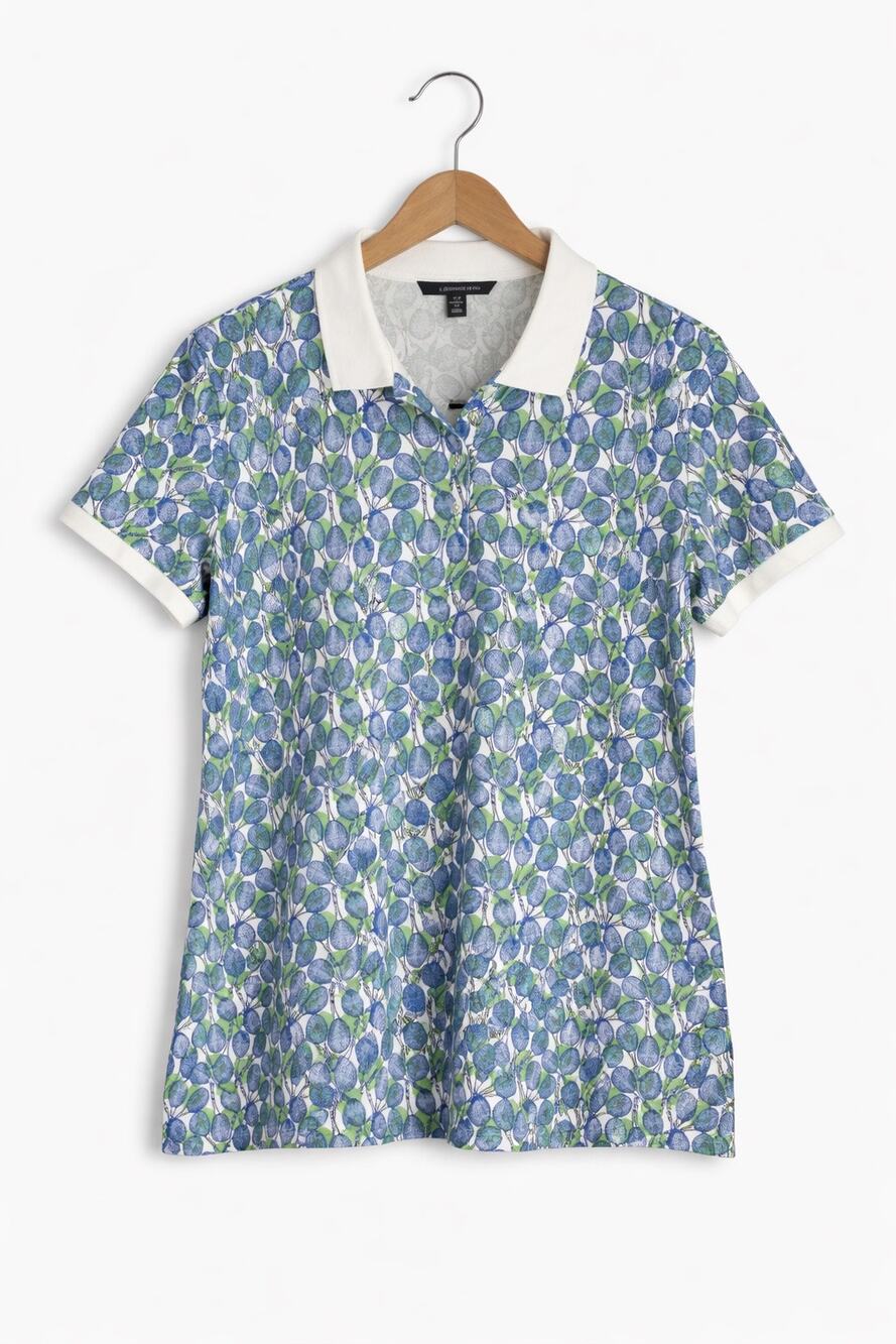 Lands End Tennis Racket Print Polo Top LP Blue Green Petite